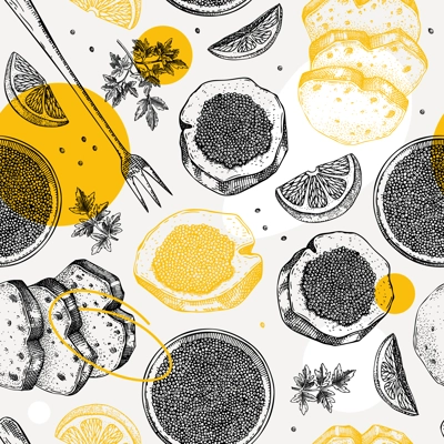 Seafood background for restaurant or finger food menu design. Hand-drawn sketches of canned caviar, black caviar canape, bread, lemons. Sea delicacy seamless pattern in collage style.